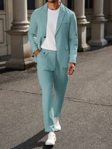 Manfinity Mode Men's Gentleman Business Single Breasted Suit Jacket And Pants Set - Dusty Blue - View 6