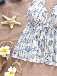 Soleia Women's Casual Vacation, Western, Beach, Wedding Guest, Graduation, Brunch, St. Patrick's Day, Spring Break, Easter, Music Festival Elegant Bohemian, Tropical, Backless, Ocean Animal, Shell, Bowknot Strap Halter Camisole Top, Spring/Summer - Blue - View 3