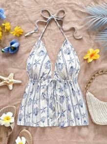 Soleia Women's Casual Vacation, Western, Beach, Wedding Guest, Graduation, Brunch, St. Patrick's Day, Spring Break, Easter, Music Festival Elegant Bohemian, Tropical, Backless, Ocean Animal, Shell, Bowknot Strap Halter Camisole Top, Spring/Summer - Blue - View 5