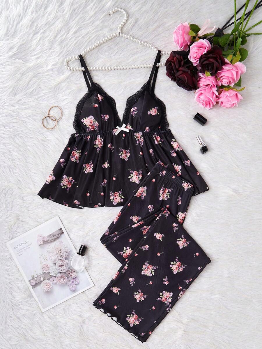 Lace Patchwork V-Neck Ditsy Floral Camisole And Long Pants Pajama Set - Black - View 1