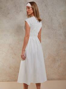 COSMINA Women Solid Color Front Tie Pleated Midi Casual Dress - White - View 2