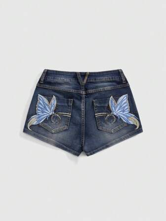 Fairycore Short en jean mini vintage de style Y2K, délavé, avec broderie papillon. Sexy et casual pour l'été à la plage pour les femmes