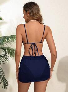 SHEIN Women's Solid Color Floral 3D Decorated Sexy Bikini Swimsuit Set For Summer Beach Vacation - Navy Blue - View 2