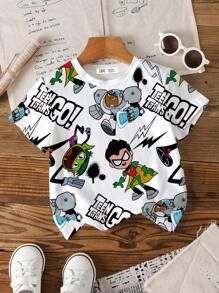 Teen Titans Go X SHEIN 小男孩圆领短袖夏季休闲涂鸦卡通印花T恤 - 白色 - 查看 1