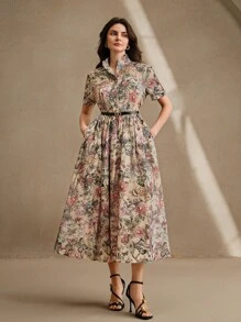 Anewsta 优雅、度假、节日彩色蝴蝶和花卉印花小领长衬衫裙，优雅女士连衣裙配腰带，女士春夏 - 彩色 - 查看 4