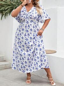 SHEIN CURVE+ 大码女式波西米亚风碎花扭纹前短袖休闲度假连衣裙，适合夏季，曲线加大码，波西米亚风度假，女士太阳裙，女士海滩装/沙滩裙/海滩度假装/海滩必备品/毕业/茶会礼服