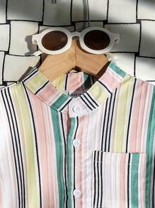 SHEIN 2件套男童夏季休闲条纹前扣衬衫和短裤套装 - 軍綠色 - 查看 3