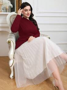 Modelyn Plus Size Fashionable & Elegant Contrast Color Spliced Mesh Asymmetrical Neck Dress Long Evening Dresses - Burgundy - View 7