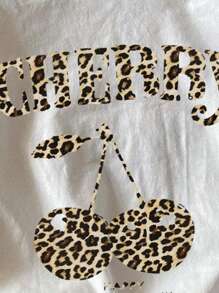 SHEIN Leap Crew Cherry Leopard Print Tween Girl Casual Simple Short Sleeve Round Neck T-Shirt, Suitable For Spring And Summer - White - View 4