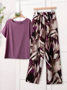 Rusticease Women Solid Color Round Neck Short Sleeve Top And Flower Print Wide Leg Pants Set For Summer Two Pieces Outfits Linen Cute Summer Top  Streetwear Women  European Summer Women's Summer Clothes