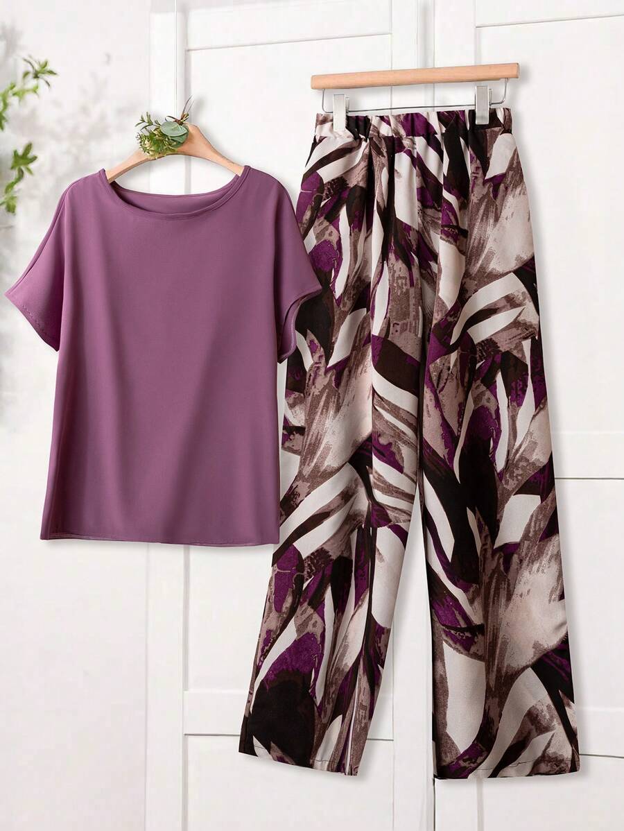 Rusticease Women Solid Color Round Neck Short Sleeve Top And Flower Print Wide Leg Pants Set For Summer Two Pieces Outfits Linen Cute Summer Top  Streetwear Women  European Summer Women's Summer Clothes