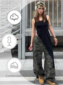 SHEIN Áo kiểu nữ tuổi teen mùa hè cổ tròn không tay vạt lệch vai màu trơn thanh lịch, áo nữ casual hở lưng, có túi, cổ vuông xẻ tà dáng ôm màu đen trơn, trang phục thường ngày, áo nữ, áo tank top trễ vai, áo kiểu học đường sành điệu, áo đen, áo mùa thu, áo kiểu preppy / Ngày lễ tình nhân cho nữ / Ngày lễ tình nhân / Mùa hè / Quần áo mùa hè, xẻ tà bên hông, áo xẻ tà bên hông, món đồ không thể thiếu cho người sành điệu, công cụ kỳ diệu để phối đồ. - màu đen - Xem 8