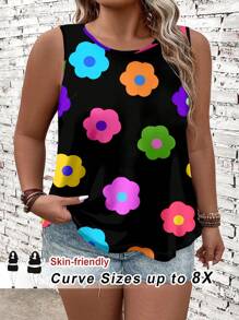 SHEIN CURVE+ Plus Size Women's Summer Colorful Floral Print Loose Sleeveless Tank Top, Curve Plus, Boho Vacation - Multicolor - View 1