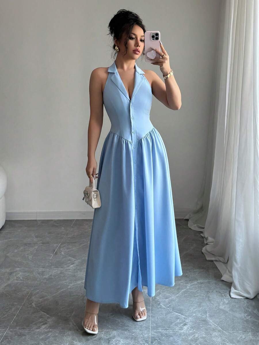Elenzga Women's Elegant Casual Sexy Commute Romantic Vacation Solid V-Neck Open Front A-Line Hem Ruched Backless Dress, Spring/Summer - Blue - View 1