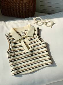 SHEIN Babygirl Cute Striped Knit Sleeveless Polo Shirt, Versatile For Summer