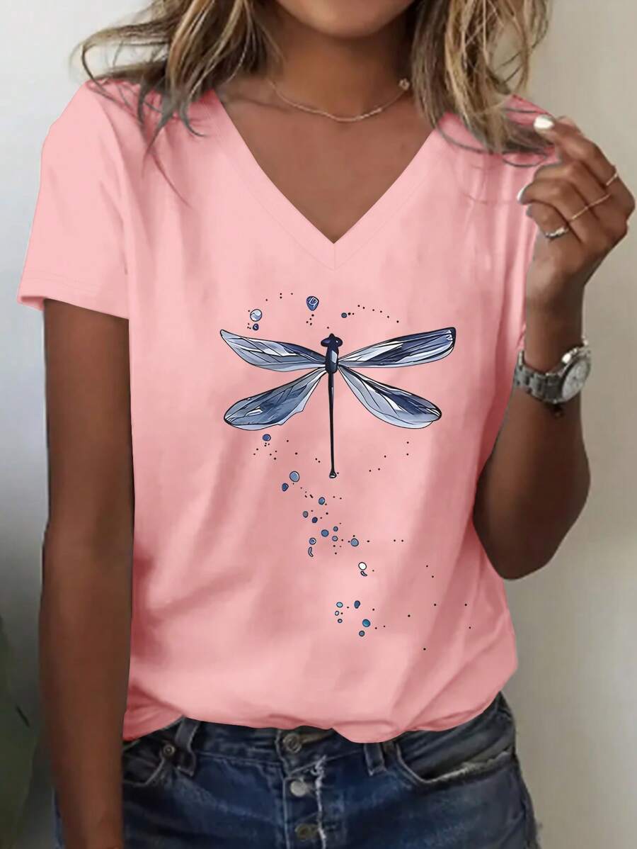 Camiseta informal de cuello en V con estampado de libélula azul de manga corta para mujer