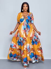 SOLERSUN Rochie maxi cu decolteu în V mare, de primăvară și vară, cu imprimeu floral pe lungime, lejer, mare, vacanta la plajă, vacanță la malul mării, rochie florală de vară, rochie lungă - Galben - Vizualizare 7