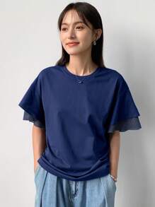 FRIFUL 女式夏季宽松休闲T恤，圆领落肩短袖，荷叶边 - 藏蓝色 - 查看 3