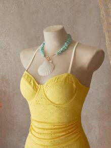 SHEIN Swim 1 件女士纯色细肩带连体泳衣，夏季时尚 - 黃色 - 查看 5