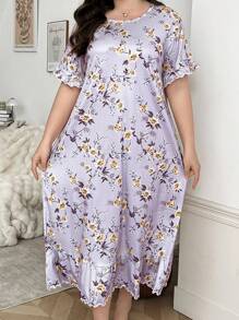 Plus Size Women Floral Print Round Neck Short Sleeve Ruffle Hem Long Sleep Dress Perfect Summer, Moo Moo Sleep Dress - Purple - View 3