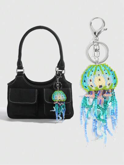 Fairycore 1pc Colorful Bohemian Style Handmade Beaded Tassel Jellyfish Keychain, Decorative Charm For Vacation Bags