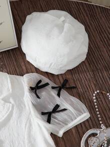 Tween Girl Bow Decor Short Puff Sleeve Single Breasted A-Line Dress - White - View 8