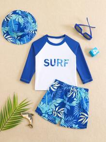 SHEIN 2pcs Set Baby Boy Rashguard Top & Plant Print Swimming Shorts With Swim Cap - Blue and White - View 3