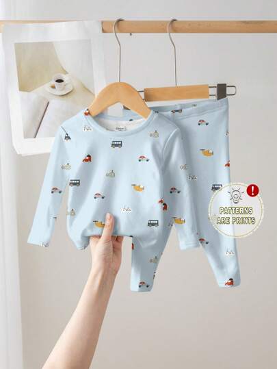 SHEIN Baby Boy Casual Minimalist Comfortable Snug Fit Long Sleeve Round Neck Pants Pajama Set, Suitable For Autumn/Winter