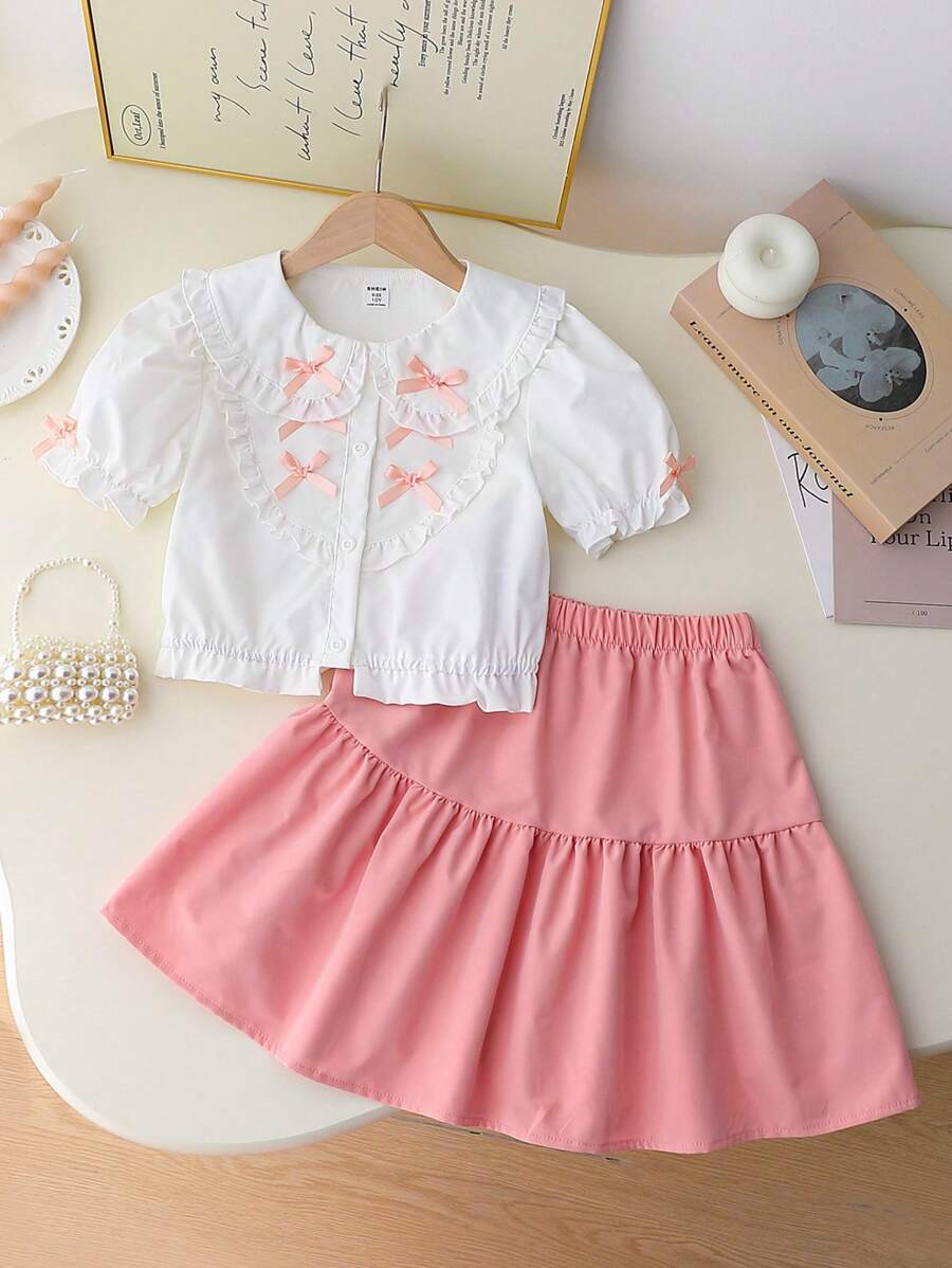 SHEIN Conjunto de 2 Peças Camisa de Manga Bufante Branca com Laço e ...
