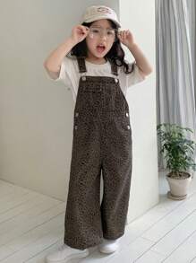 Dazy Kids (小号) 女童豹纹休闲宽松街头风牛仔背带裤和连体裤，夏季 - 咖啡棕 - 查看 4