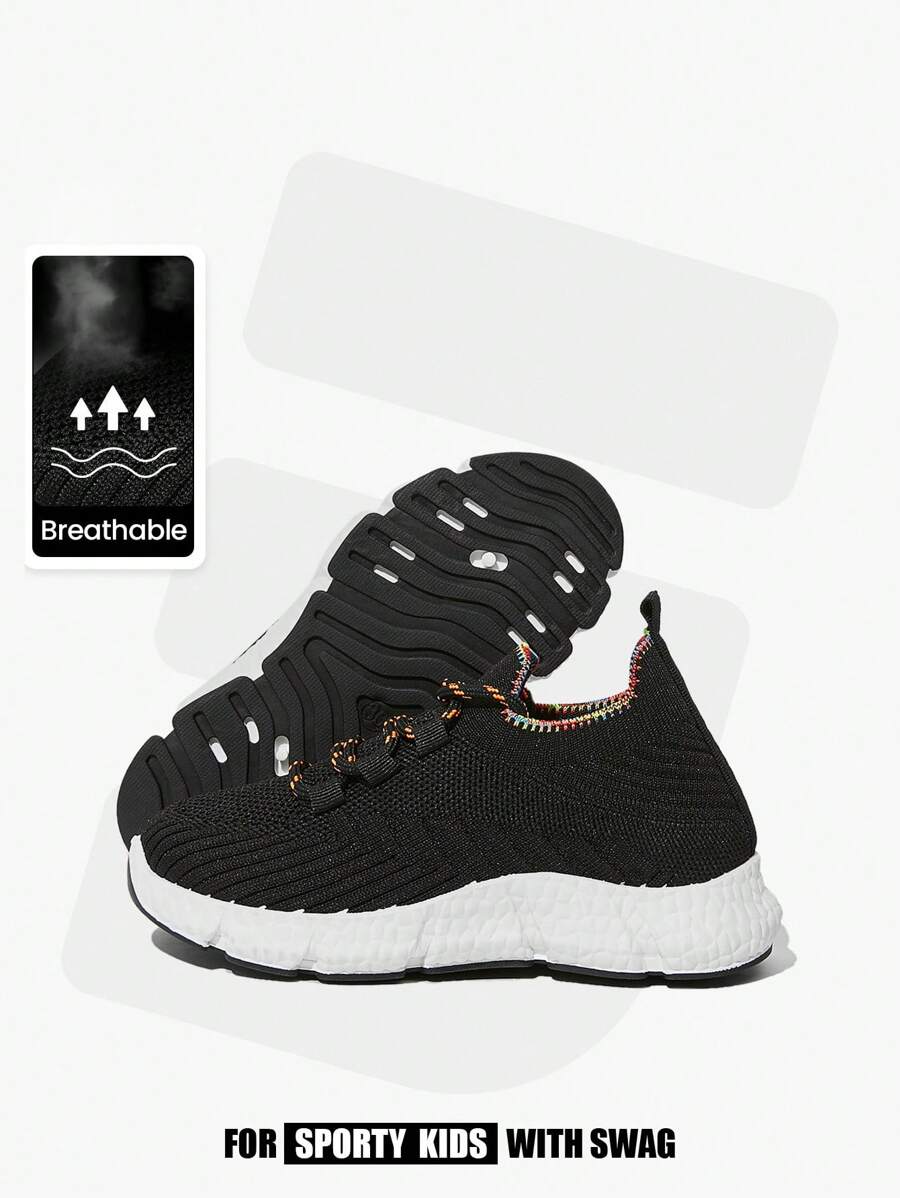 JNSQ 1 Pair Children Fashion Casual All-Match Versatile Rainbow Woven Lace-Up Soft-Soled Breathable Sport Shoes, Back To School - Black - View 1