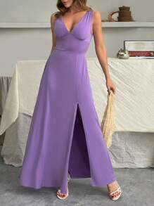 SHEIN Vestido largo lila elegante, estilo casual para mujer en primavera y verano