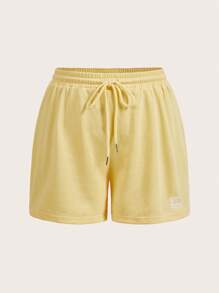 SHEIN EZwear 大码女式字母设计抽绳腰部松紧腰黄色针织休闲运动短裤 - 黃色 - 查看 6