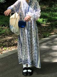 FRIFUL 女士印花撞色圆领休闲度假风长袖灯笼袖中长连衣裙，夏季户外女装，女士夏季工作装，女士夏季套装，女士服装 - 藍色 - 查看 2
