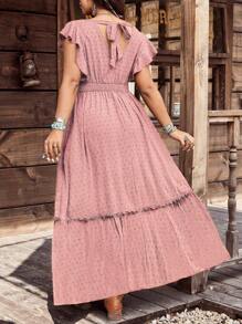 Breezaya Plus Size Women's Western Style Bohemian Hippie Festival Casual Holiday Embroidered Jacquard V-Neck Short Sleeve Dress - Pink - View 2