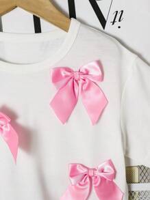 Genkimix Kids 年轻女孩圆领短袖可爱蝴蝶结装饰休闲 T 恤