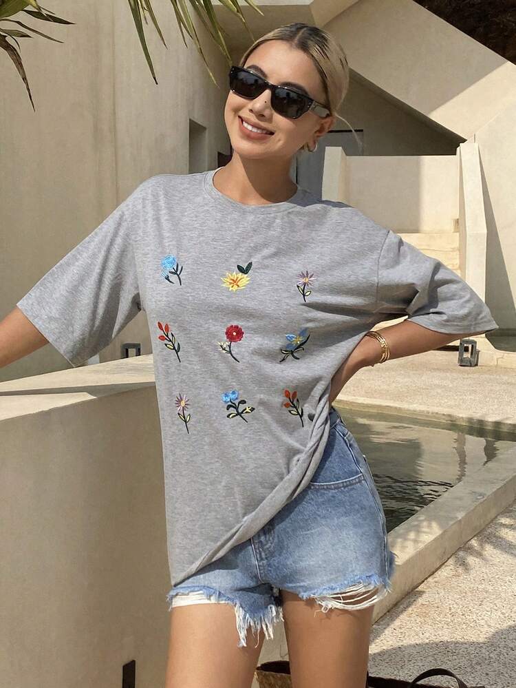 Floral & Plant Embroidered Loose Short Sleeve Casual Summer T-Shirt For Women Cute Top Oversized T-Shirt, Graphic Tee, Teacher