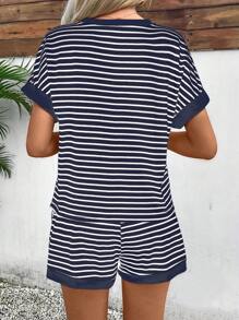 EMERY ROSE Bộ 2 áo thun tay ngắn cổ tròn kẻ sọc phối màu cho nữ và quần short - Màu xanh hải quân - Xem 2