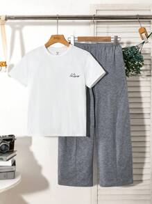 SHEIN 2pcs/Set Tween Boy Casual Letter Print Crew Neck Short Sleeve Top And Loose Knit Pants Pajama Set - White - View 1