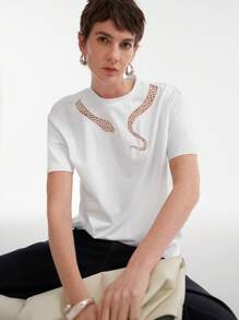 Aalyst Women's Casual Hollow Embroidered White T-Shirt, Snake Year Design, Summer