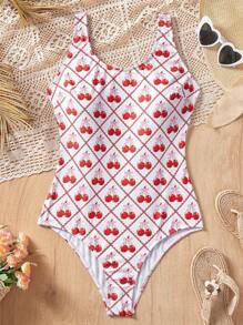 女士性感樱桃印花连体泳衣，休闲海滩度假 - 彩色 - 查看 5