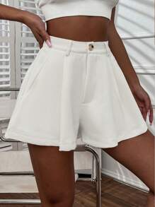 Chiquease Casual Solid Color Cuffed Slanted Pocket Shorts, Summer - White - View 5
