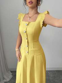 Elenzga Váy Maxi Du Lịch Bohemian Thanh Lịch Cho Nữ, Cổ Chữ V Có Tay Phồng, Thắt Eo, Xếp Ly Dáng Chữ A, Chi Tiết Túi Khóa Kéo, Cài Nút Ngọc Trai, Thích Hợp Cho Mùa Xuân/Hè - Màu vàng - Xem 4