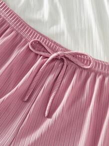 SHEIN 3pcs Plus Size Knit Jacquard Striped Loungewear Loose Casual Sleep Shorts Set