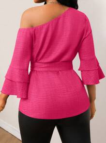 Lyxana 纯色牛仔效果不对称领口荷叶边袖系带衬衫