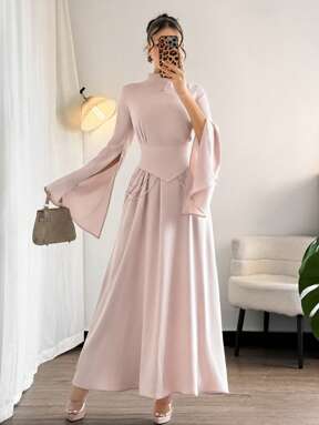 Chiquease Gewebtes Kleid mit hohem Kragen, geraffter Taille und langen Ärmeln, elegantes Sommerkleid für Damen