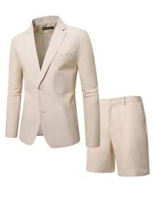 Manfinity Bizformal Solid Color Business Casual Long Sleeve Blazer & Pocket Shorts Suit Set Casual Suits For Men