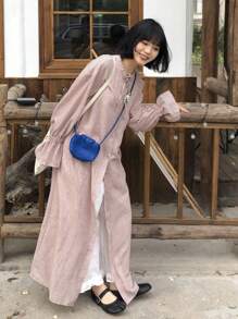 FRIFUL Women Loose Long Chiffon Blouse Outerwear Flare Sleeve, Spring/Summer,Ruffle Long Sleeve Top - Pink - View 3