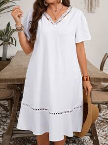 EMERY ROSE Plus Size Women Solid Color Contrast Lace Short Sleeve Loose Casual Dress,Summer Outfits For Women,Spring/Vacation - White - View 3