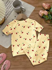 SHEIN Leap Crew Baby Girl Casual Minimalist Snug Fit Round Neck Short Sleeve Pants Pajamas, Suitable For Summer - Multicolor - View 3